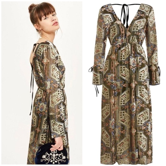 TOPSHOP Floral Velvet 70s Style Front Slits Midi Dress in Gold New with Tag - Picture 2 of 12